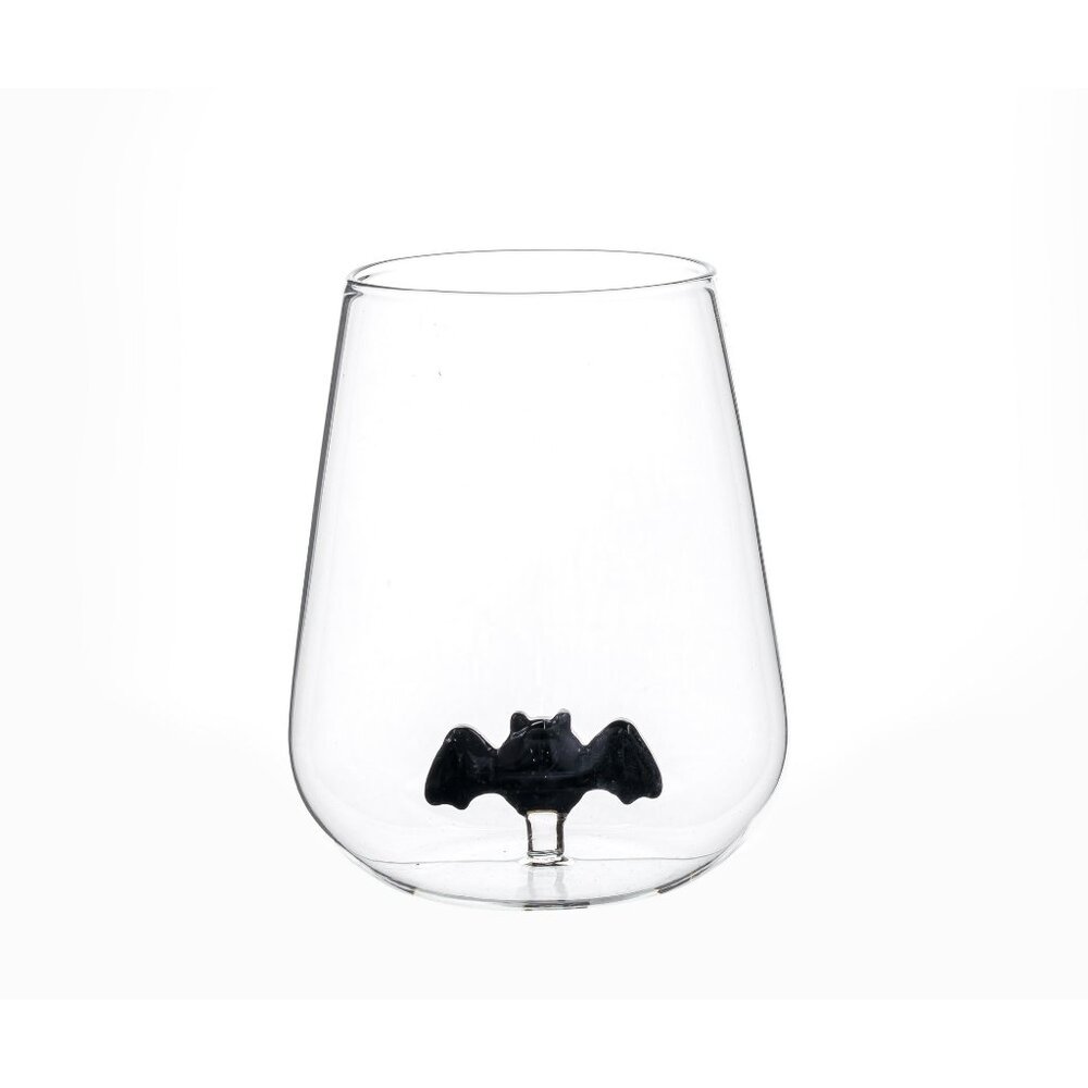 Halloween Stemless Wine Glass with Black Bat Design 16.5oz Way to Celebrate New